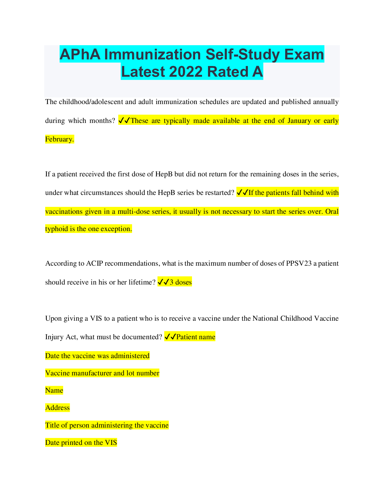 Preview of APhA Immunization Self-Study Exam Latest 2022 Rated A